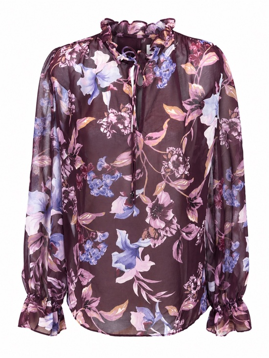 White House Black Market Tops - White House Black Market Plum Floral Ruffle-Neck Blouse